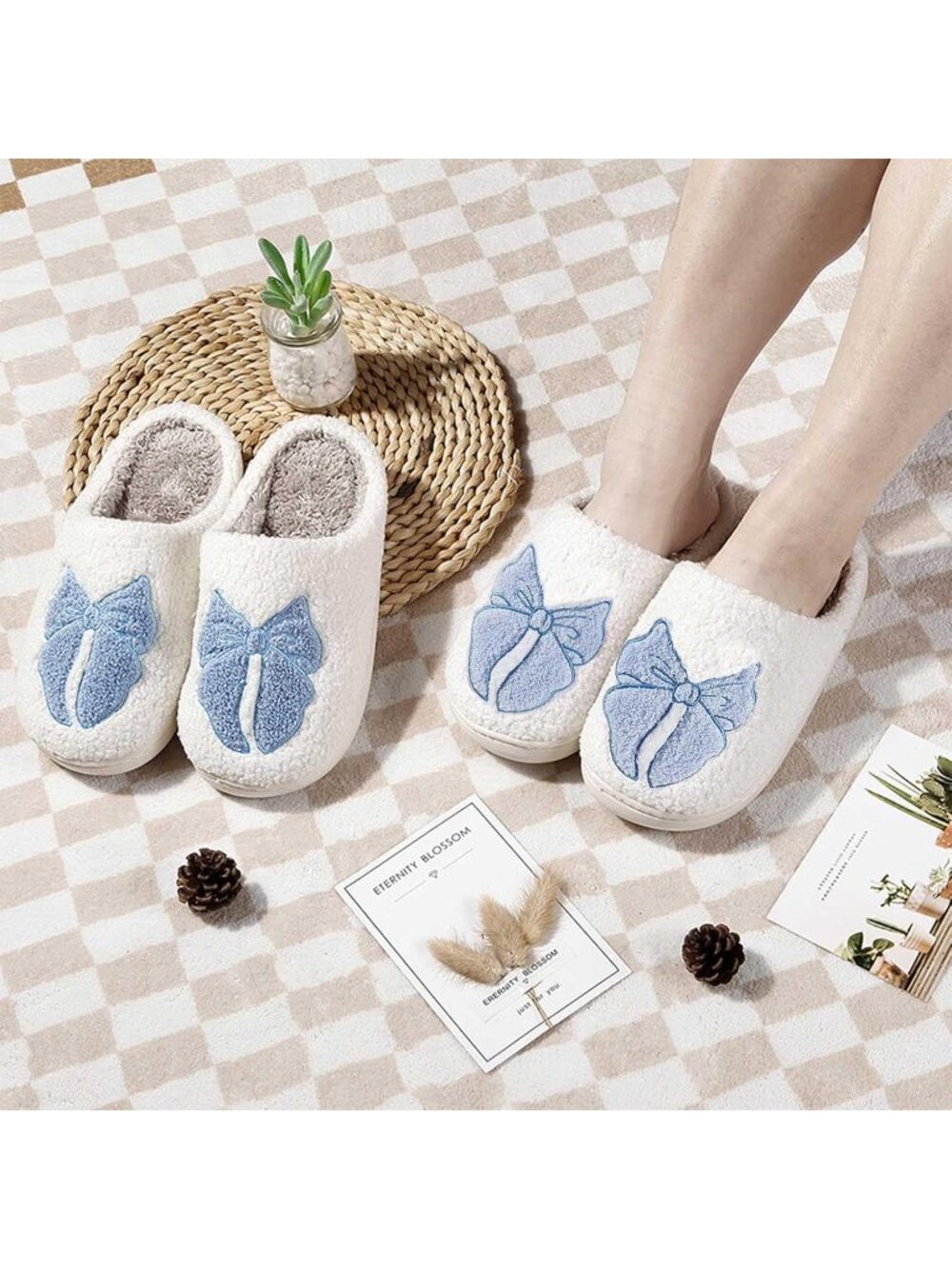 Women's Blue Bow Retro Memory Foam Cute Cartoon Fur Lined Indoor Slippers - Picture 2 of 7